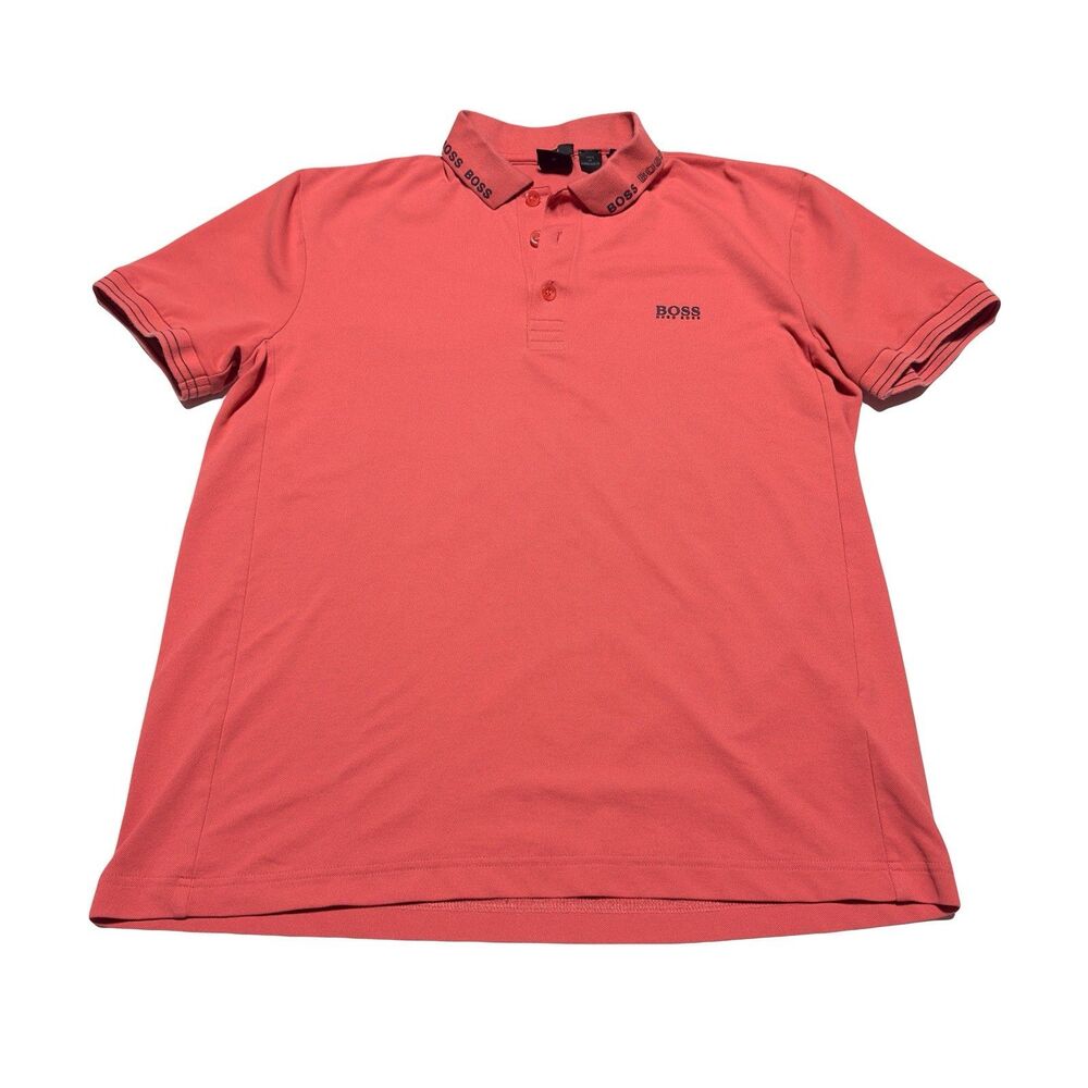Bods Hugo Boss Mens Slim Fit Polo Shirt Pink Coral Spellout Logo Collar M Medium